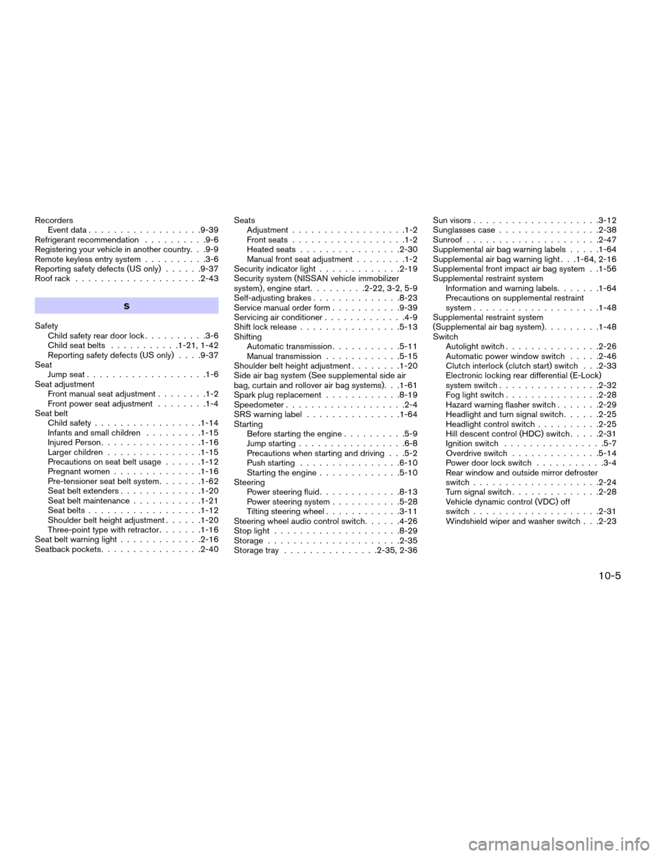 NISSAN FRONTIER 2006 D22 / 1.G User Guide Recorders
Event data..................9-39
Refrigerant recommendation..........9-6
Registering your vehicle in another country. . .9-9
Remote keyless entry system..........3-6
Reporting safety defects