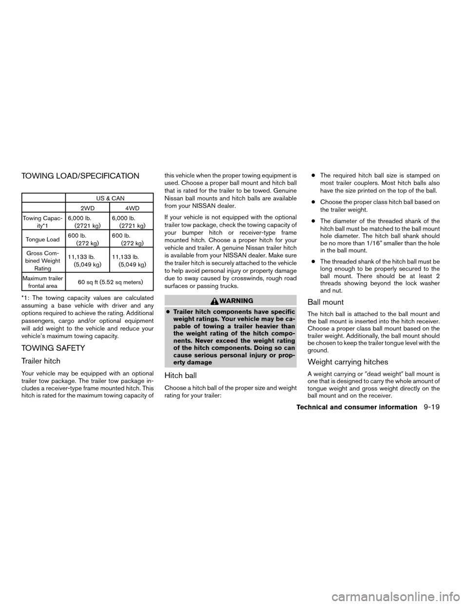 NISSAN PATHFINDER 2006 R51 / 3.G Owners Manual TOWING LOAD/SPECIFICATION
US & CAN
2WD 4WD
Towing Capac-
ity*16,000 lb.
(2721 kg)6,000 lb.
(2721 kg)
Tongue Load600 lb.
(272 kg)600 lb.
(272 kg)
Gross Com-
bined Weight
Rating11,133 lb.
(5,049 kg)11,1