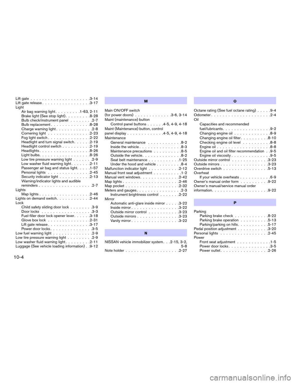 NISSAN QUEST 2006 V42 / 3.G Owners Manual Lift gate.....................3-14
Lift gate release.................3-17
Light
Air bag warning light.........1-63, 2-11
Brake light (See stop light).........8-28
Bulb check/instrument panel........2-