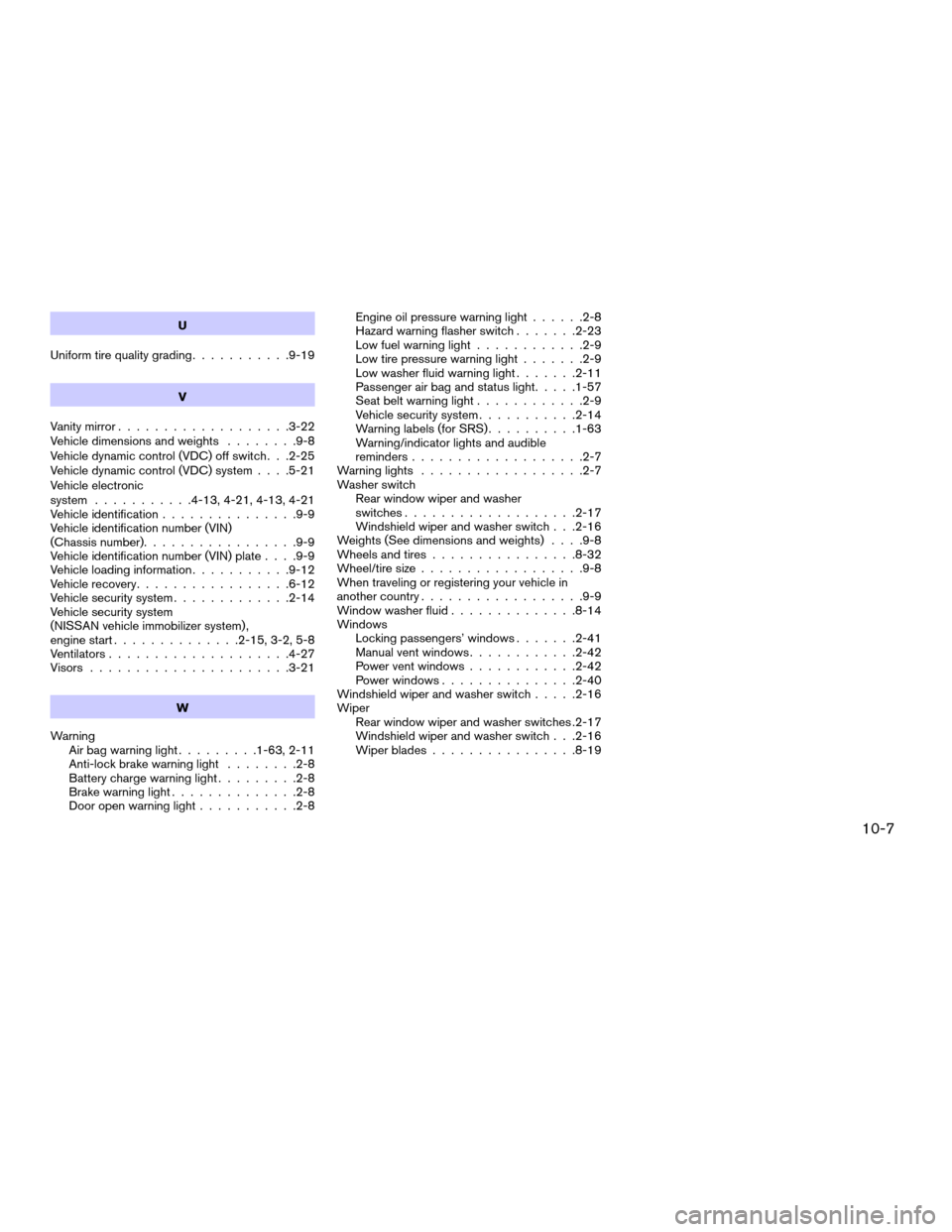 NISSAN QUEST 2006 V42 / 3.G Repair Manual U
Uniform tire quality grading...........9-19
V
Vanity mirror...................3-22
Vehicle dimensions and weights........9-8
Vehicle dynamic control (VDC) off switch. . .2-25
Vehicle dynamic control