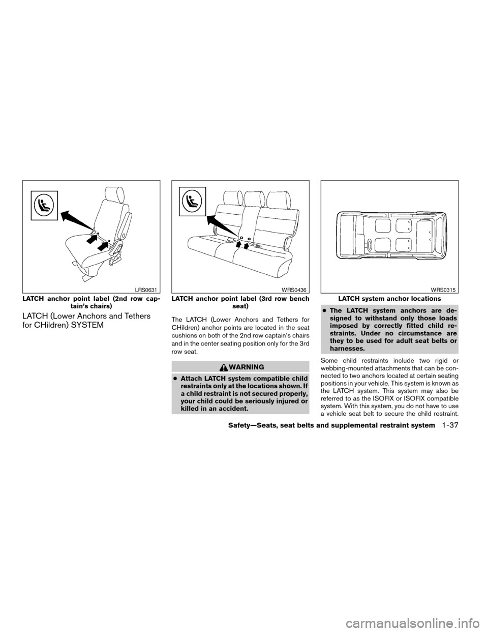 NISSAN QUEST 2006 V42 / 3.G Owners Manual LATCH (Lower Anchors and Tethers
for CHildren) SYSTEMThe LATCH (Lower Anchors and Tethers for
CHildren) anchor points are located in the seat
cushions on both of the 2nd row captain’s chairs
and in 