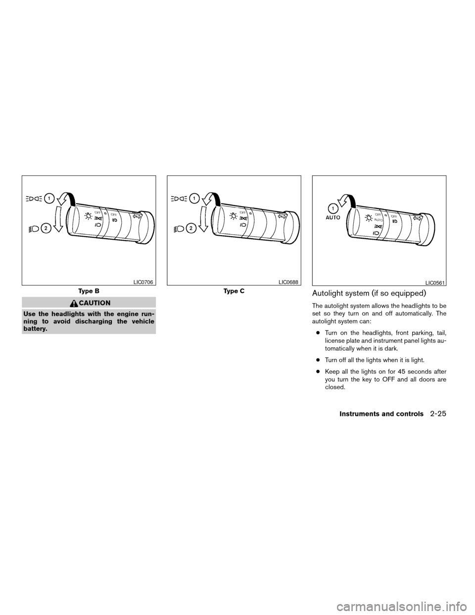 NISSAN TITAN 2006 1.G User Guide CAUTION
Use the headlights with the engine run-
ning to avoid discharging the vehicle
battery.
Autolight system (if so equipped)
The autolight system allows the headlights to be
set so they turn on an