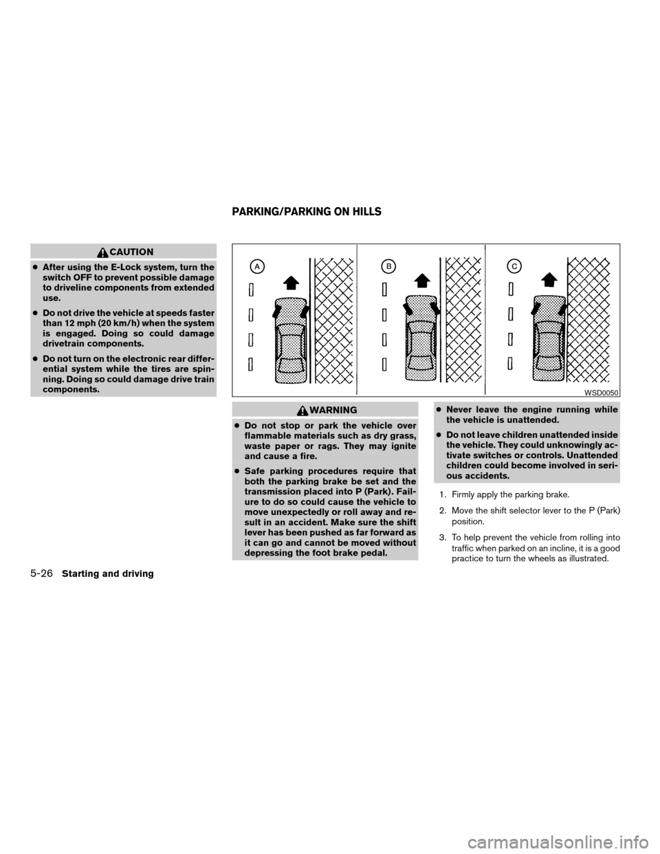 NISSAN TITAN 2006 1.G User Guide CAUTION
cAfter using the E-Lock system, turn the
switch OFF to prevent possible damage
to driveline components from extended
use.
cDo not drive the vehicle at speeds faster
than 12 mph (20 km/h) when 