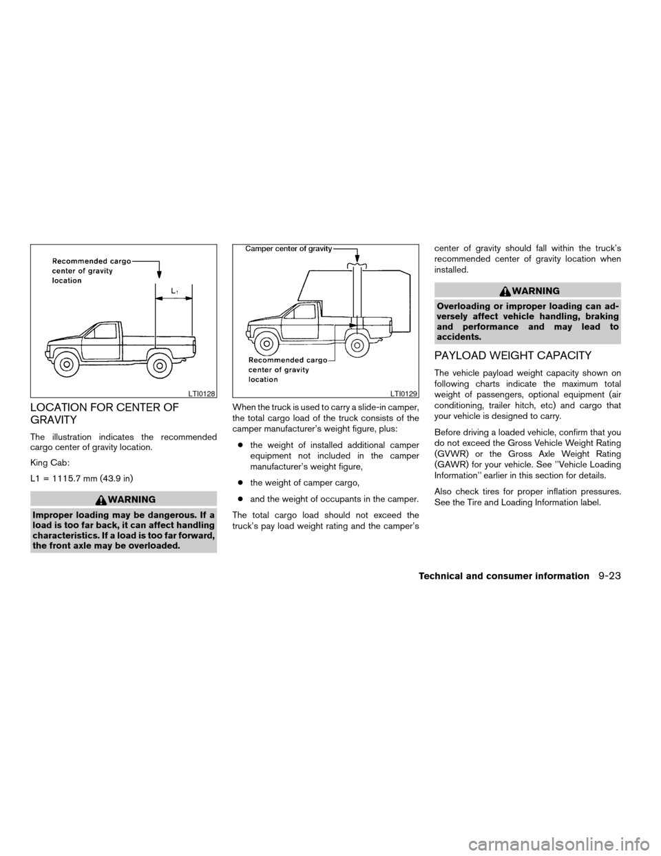 NISSAN TITAN 2006 1.G Owners Manual LOCATION FOR CENTER OF
GRAVITY
The illustration indicates the recommended
cargo center of gravity location.
King Cab:
L1 = 1115.7 mm (43.9 in)
WARNING
Improper loading may be dangerous. If a
load is t NISSAN TITAN 2006 1.G Owners Manual LOCATION FOR CENTER OF
GRAVITY
The illustration indicates the recommended
cargo center of gravity location.
King Cab:
L1 = 1115.7 mm (43.9 in)
WARNING
Improper loading may be dangerous. If a
load is t