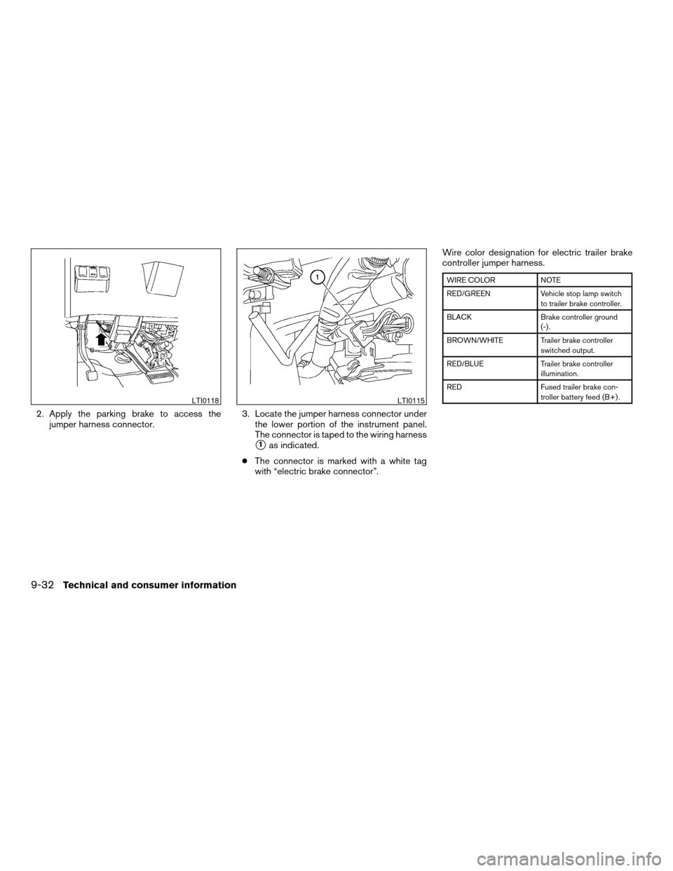 NISSAN TITAN 2006 1.G Owners Manual 2. Apply the parking brake to access the
jumper harness connector.3. Locate the jumper harness connector under
the lower portion of the instrument panel.
The connector is taped to the wiring harness
s