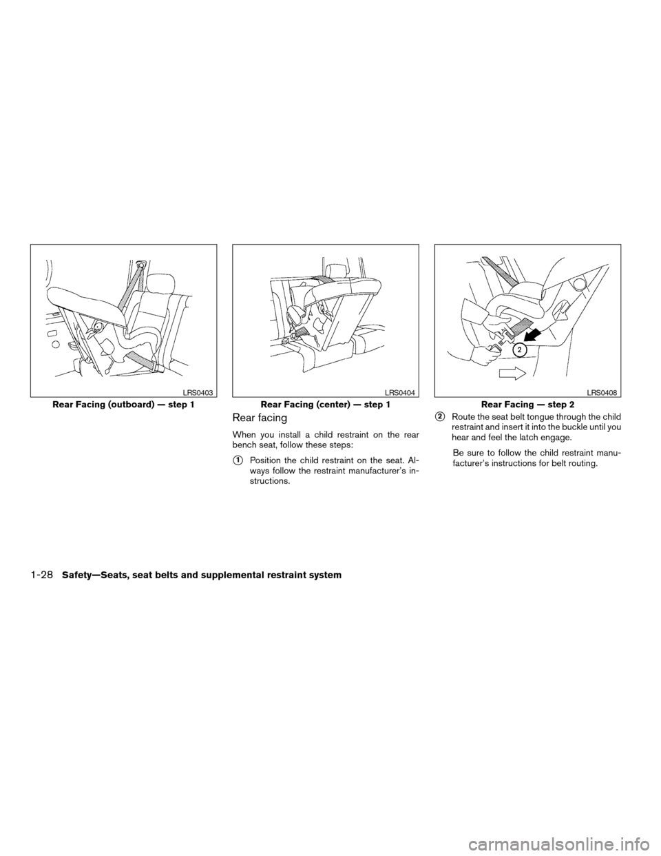 NISSAN TITAN 2006 1.G Service Manual Rear facing
When you install a child restraint on the rear
bench seat, follow these steps:
s1Position the child restraint on the seat. Al-
ways follow the restraint manufacturer’s in-
structions.
s2