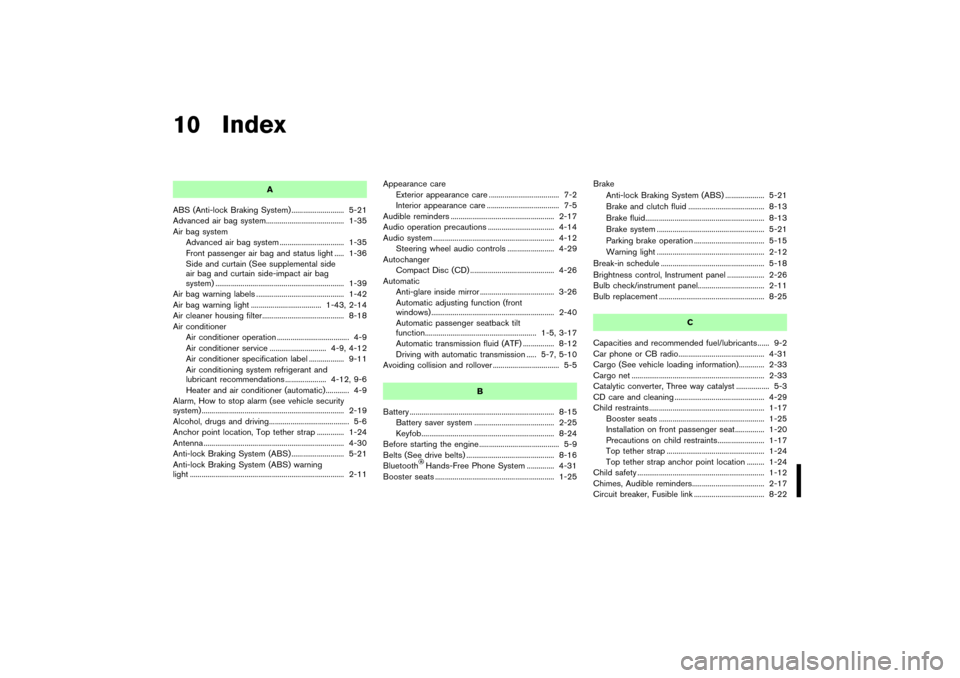 NISSAN 350Z 2007 Z33 Service Manual 10 Index
A
ABS (Anti-lock Braking System) ........................... 5-21
Advanced air bag system........................................ 1-35
Air bag system
Advanced air bag system .................