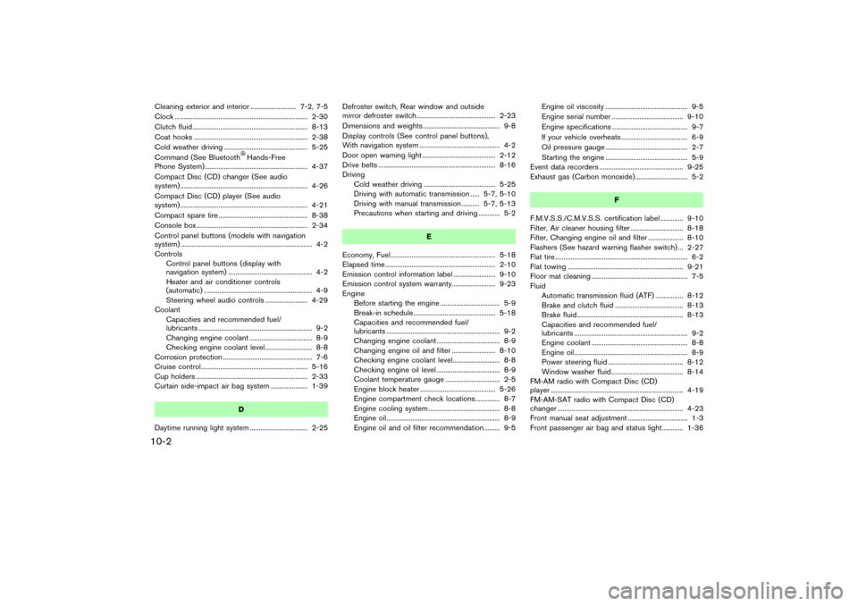 NISSAN 350Z 2007 Z33 Service Manual Cleaning exterior and interior .......................... 7-2, 7-5
Clock ............................................................................ 2-30
Clutch fluid.................................
