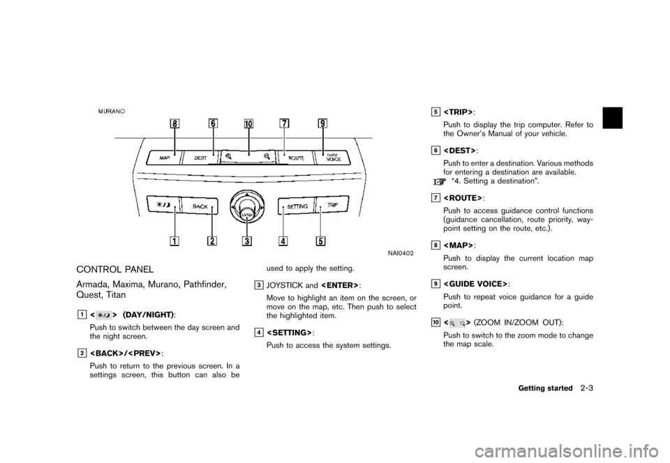 NISSAN FRONTIER 2007 D22 / 1.G Navigation Manual NAI0402
CONTROL PANEL
Armada, Maxima, Murano, Pathfinder,
Quest, Titan
&1<> (DAY/NIGHT):
Push to switch between the day screen and
the night screen.
&2<BACK>/<PREV>:
Push to return to the previous scr
