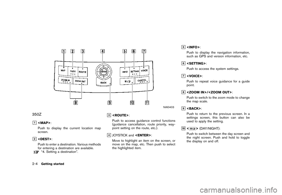 NISSAN SENTRA 2007 B16 / 6.G Navigation Manual NAI0403
350Z
&1<MAP>:
Push to display the current location map
screen.
&2<DEST>:
Push to enter a destination. Various methods
for entering a destination are available.
“4. Setting a destination”.
