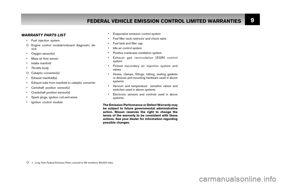 NISSAN FRONTIER 2007 D22 / 1.G Warranty Booklet 9FEDERAL VEHICLE EMISSION CONTROL LIMITED WARRANTIES
  •  Evaporative emission control system 
  •  Fuel ﬁ ller neck restrictor and check valve
  •  Fuel tank and ﬁ ller cap
  •  Idle air 