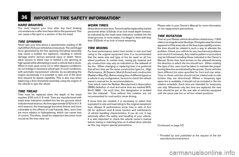 NISSAN VERSA 2007 1.G Warranty Booklet 36
HARD BRAKINGYou must inspect your tires after any hard braking 
circumstances or after tires have slid on the pavement. This 
can cause a ﬂ at spot in a section of the tire tread.
TIRE SPINNINGNe