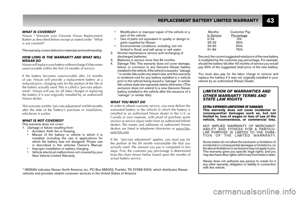NISSAN MURANO 2007 1.G Warranty Booklet 43
WHAT IS COVERED?
Nissan * Warrants your Genuine Nissan Replacement 
Battert as described below except as stated under  "What 
is not covered?"
This warranty covers defects in materials and workmans