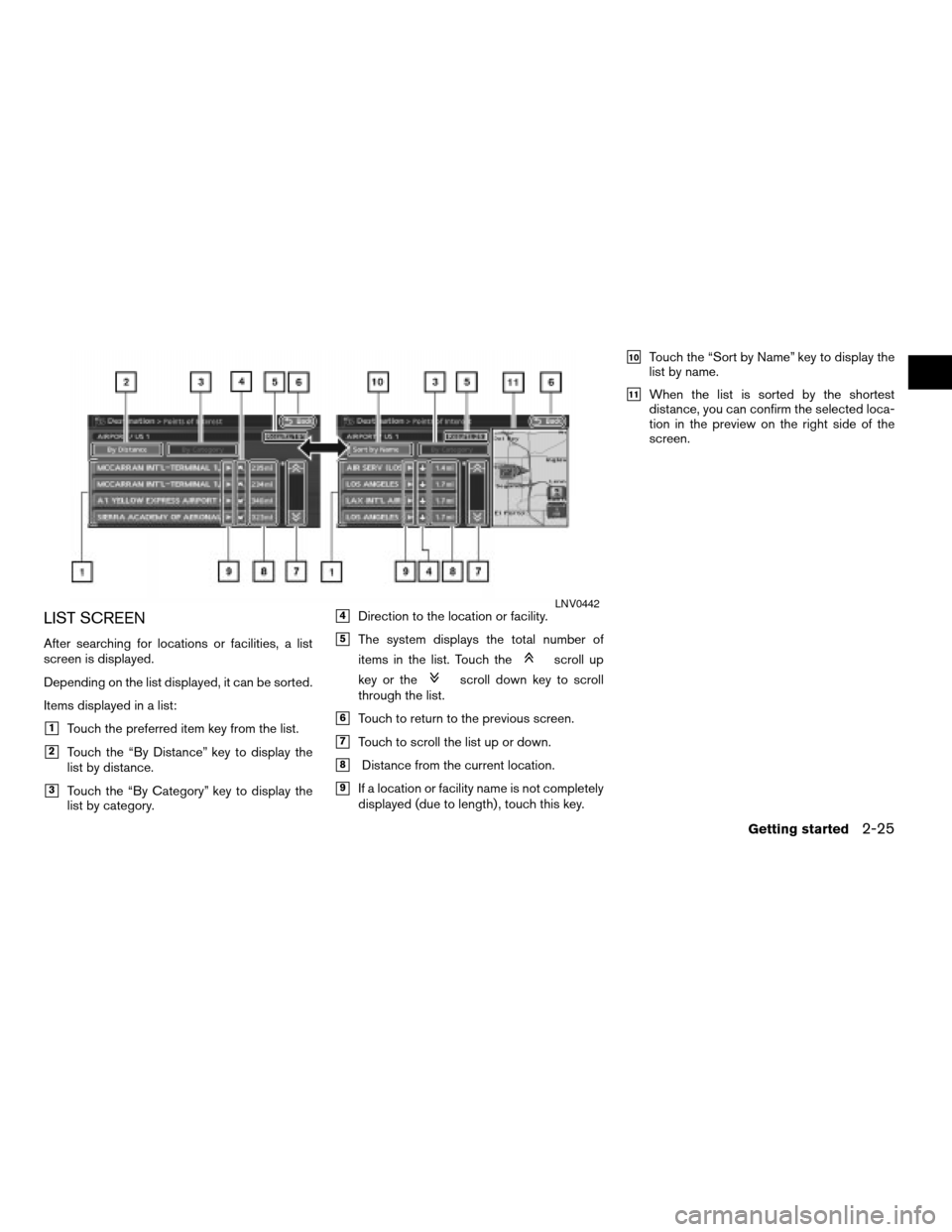 NISSAN ALTIMA 2007 L32A / 4.G Navigation Manual LIST SCREEN
After searching for locations or facilities, a list
screen is displayed.
Depending on the list displayed, it can be sorted.
Items displayed in a list:
h1Touch the preferred item key from t