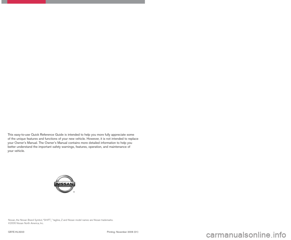 NISSAN ALTIMA HYBRID 2007 L32A / 4.G Quick Reference Guide 
Sh ift_convention2007
 ALTIMA HYBRID
  
Q U I C K  R E F E R E N C E  G U I D E
 
This easy-to-use Quick Reference Guide is intended to help you more fully appreciate some  of the unique features and