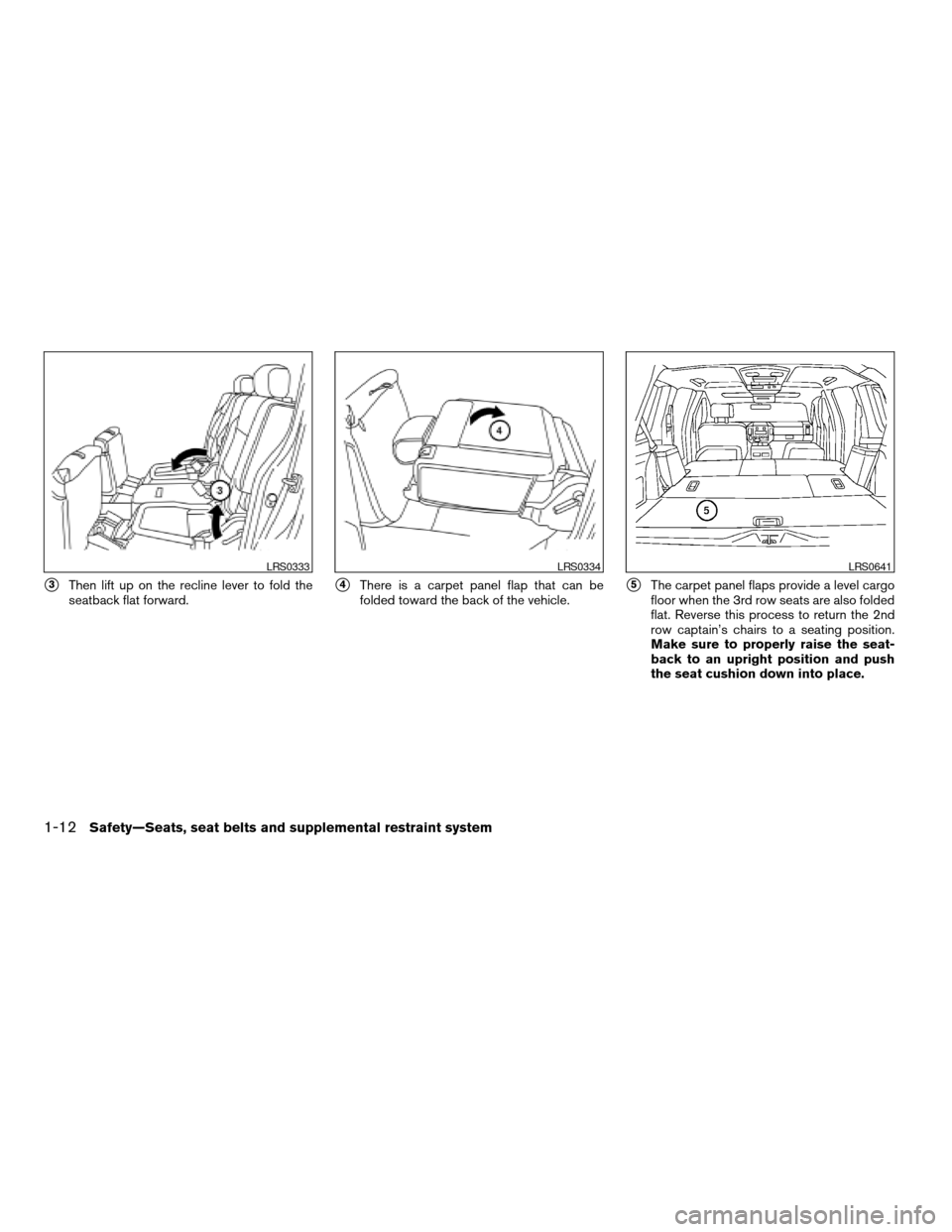 NISSAN ARMADA 2007 1.G Owners Manual s3Then lift up on the recline lever to fold the
seatback flat forward.s4There is a carpet panel flap that can be
folded toward the back of the vehicle.s5The carpet panel flaps provide a level cargo
fl NISSAN ARMADA 2007 1.G Owners Manual s3Then lift up on the recline lever to fold the
seatback flat forward.s4There is a carpet panel flap that can be
folded toward the back of the vehicle.s5The carpet panel flaps provide a level cargo
fl