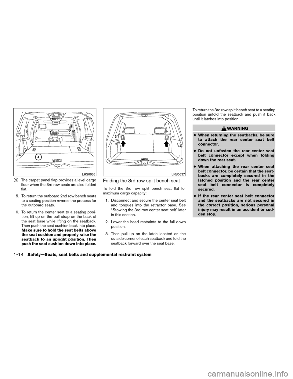 NISSAN ARMADA 2007 1.G User Guide s4The carpet panel flap provides a level cargo
floor when the 3rd row seats are also folded
flat.
5. To return the outboard 2nd row bench seats
to a seating position reverse the process for
the outboa