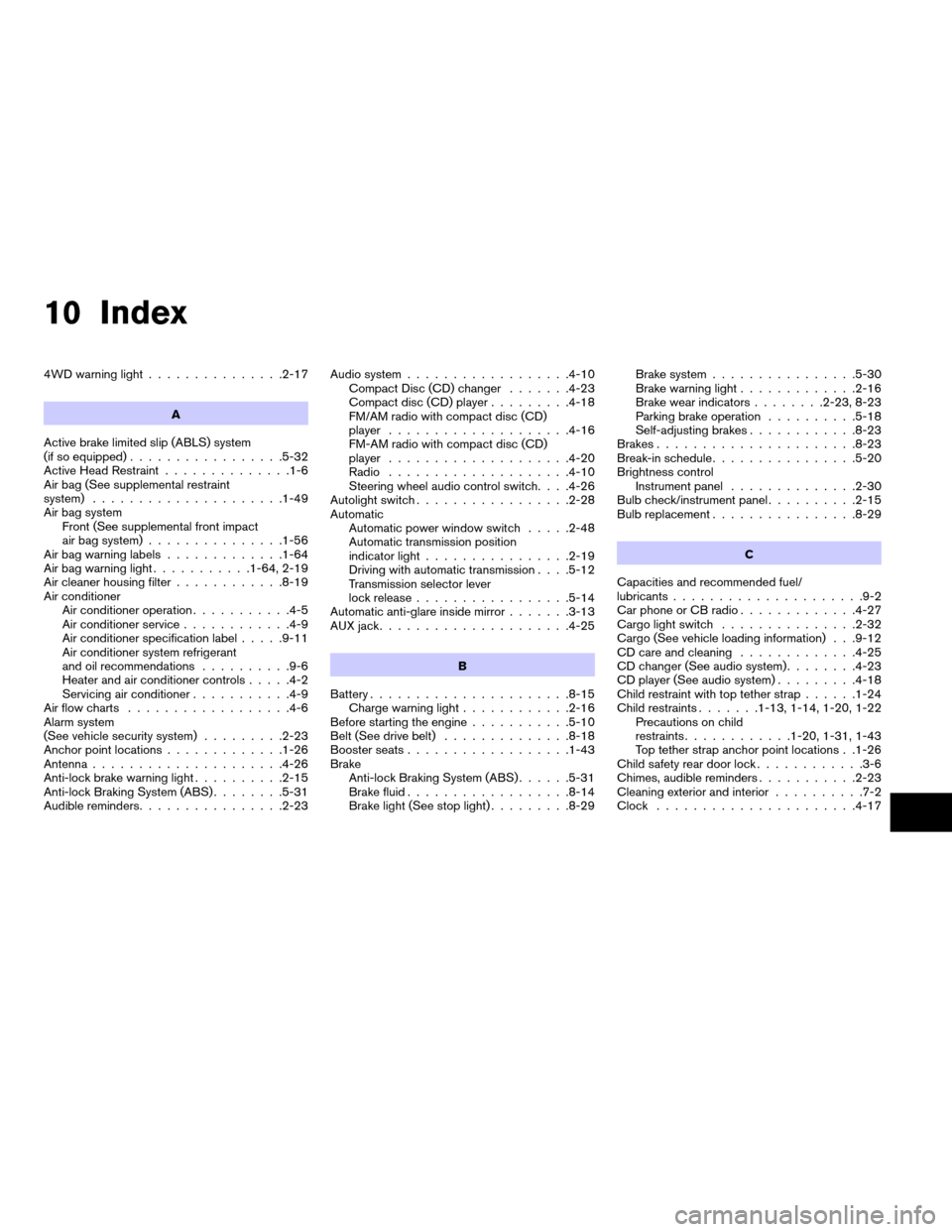 NISSAN FRONTIER 2007 D22 / 1.G Owners Manual 10 Index
4WD warning light...............2-17
A
Active brake limited slip (ABLS) system
(if so equipped).................5-32
Active Head Restraint..............1-6
Air bag (See supplemental restraint