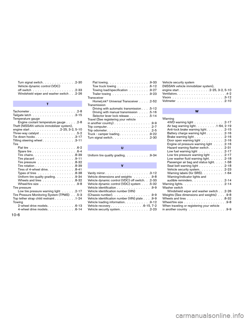 NISSAN FRONTIER 2007 D22 / 1.G User Guide Turn signal switch..............2-30
Vehicle dynamic control (VDC)
off switch..................2-33
Windshield wiper and washer switch . . .2-26
T
Tachometer....................2-8
Tailgate latch.....