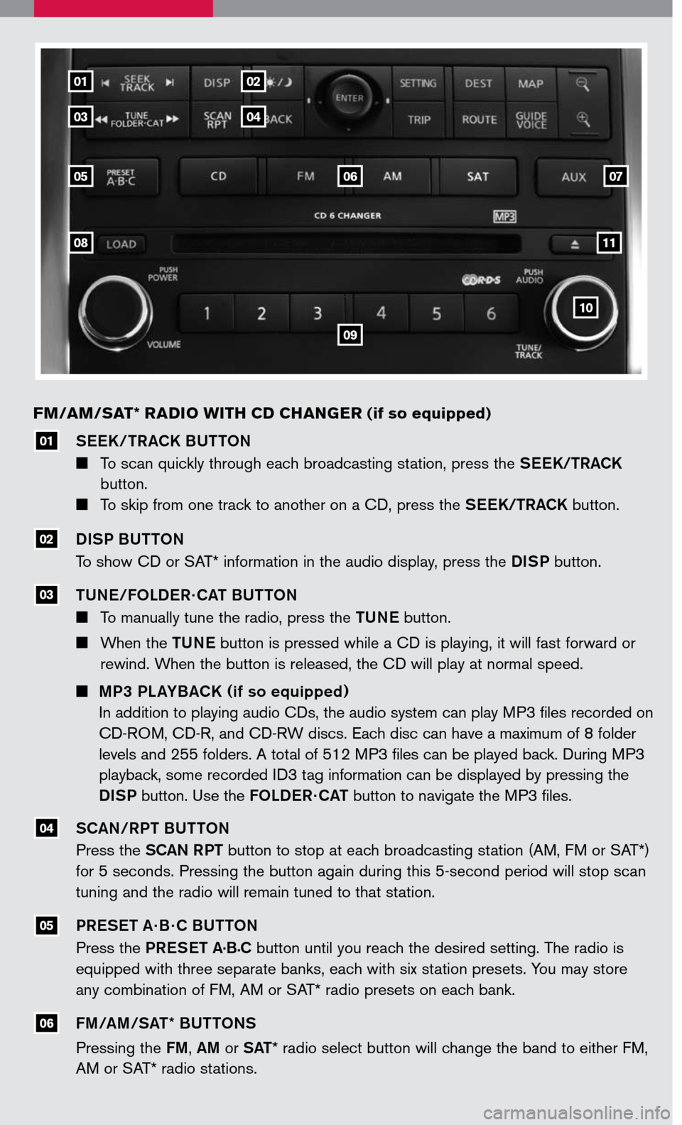 NISSAN MAXIMA 2007 A34 / 6.G Quick Reference Guide 
SEEK/TRACK BUTTON
  To scan quickly through each broadcasting station, press the  SEEK/TRACK  
 button.    
  To skip from one track to another on a CD, press the SEEK/TRACK button.
DISP BUTTON