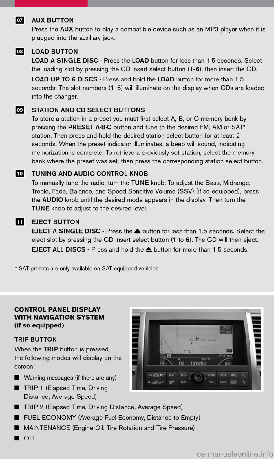 NISSAN MAXIMA 2007 A34 / 6.G Quick Reference Guide 
07
08
AUX BUTTON
Press the AUX button to play a compatible device such as an MP3 player when it is 
plugged into the auxiliary jack.
LOAD BUTTON
LOAD A SINGLE DISC - Press the LOAD button for less th