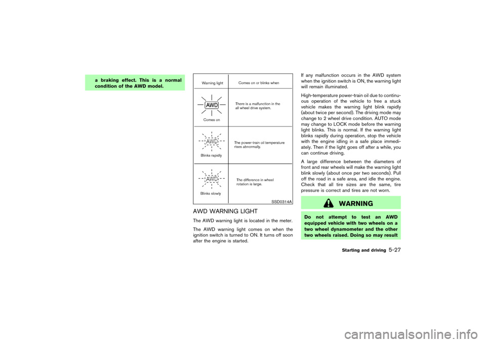 NISSAN MURANO 2007 1.G Owners Manual a braking effect. This is a normal
condition of the AWD model.
AWD WARNING LIGHTThe AWD warning light is located in the meter.
The AWD warning light comes on when the
ignition switch is turned to ON. 