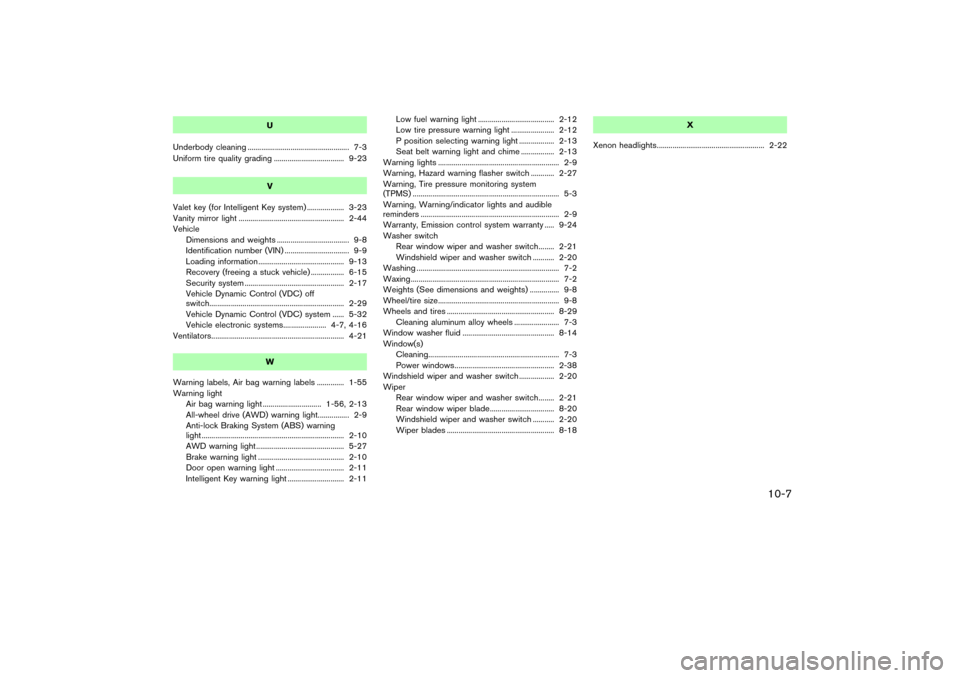 NISSAN MURANO 2007 1.G User Guide U
Underbody cleaning .................................................... 7-3
Uniform tire quality grading .................................... 9-23
V
Valet key (for Intelligent Key system) ..........