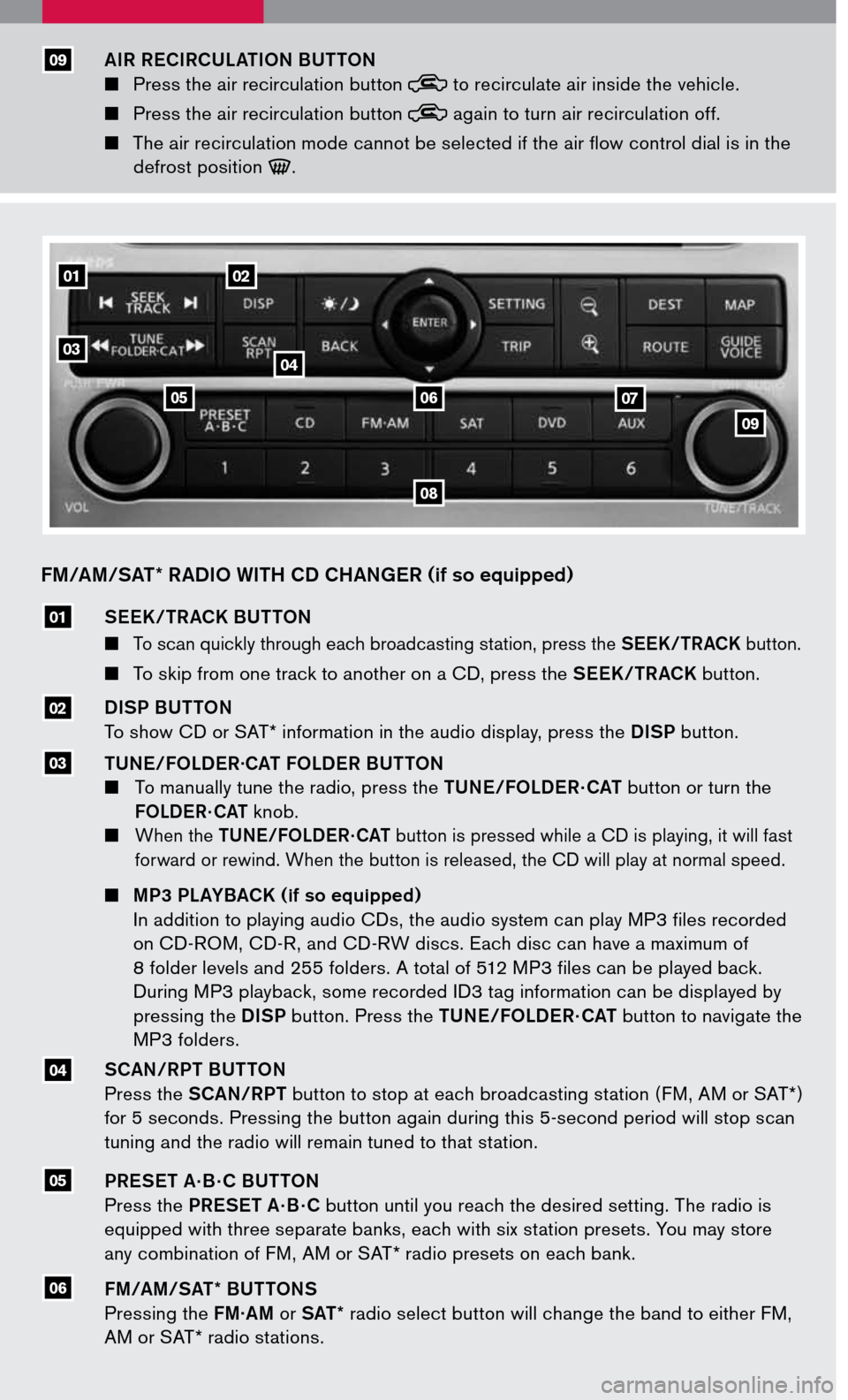 NISSAN PATHFINDER 2007 R51 / 3.G Quick Reference Guide 
0201
09
07
0403
05
FM/AM/SAT* RADIO WITH CD CHANGER (if so equipped)
SEEK /TRACK BUTTON
  To scan quickly through each broadcasting station, press the SEEK/TRACK button. 
   To skip from one tr