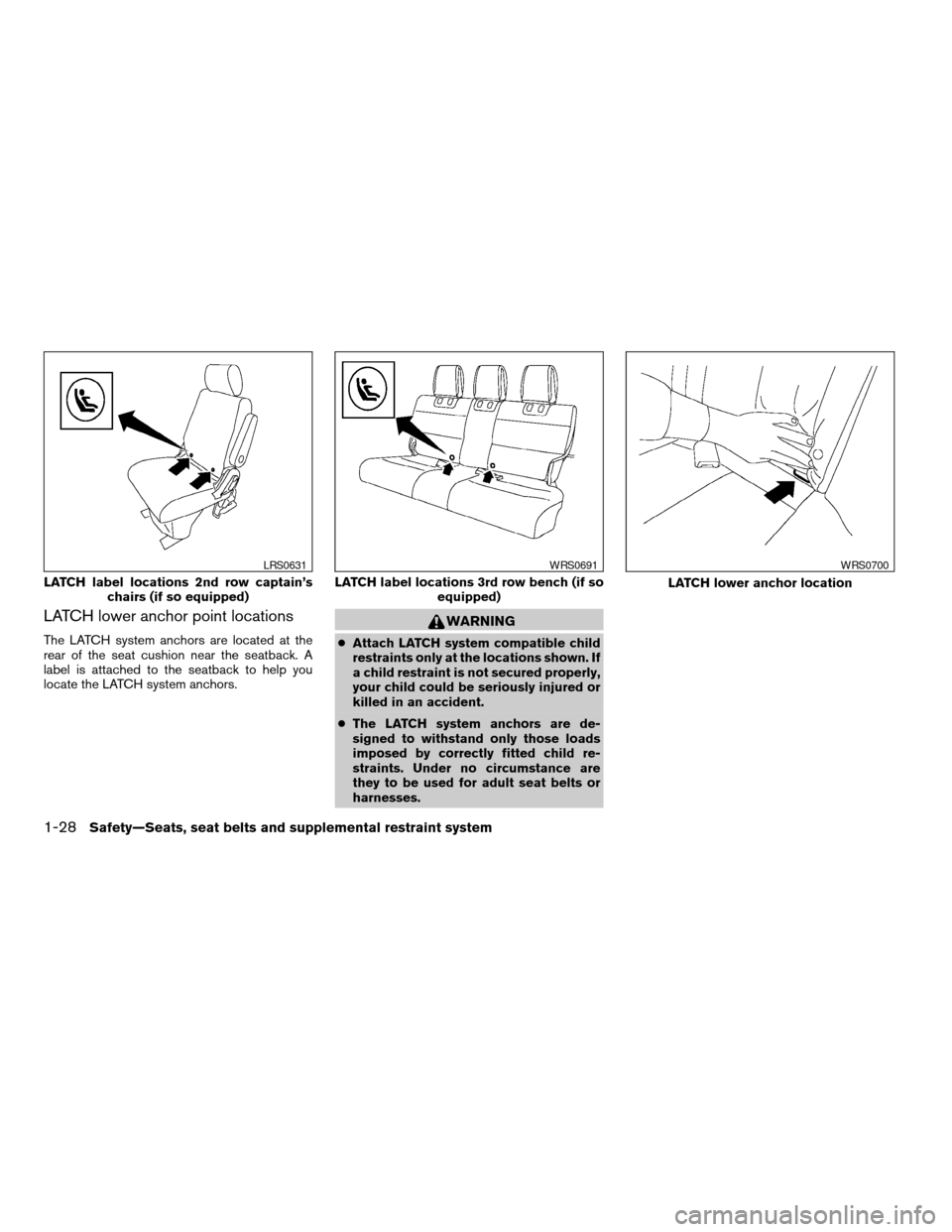 NISSAN QUEST 2007 V42 / 3.G Service Manual LATCH lower anchor point locations
The LATCH system anchors are located at the
rear of the seat cushion near the seatback. A
label is attached to the seatback to help you
locate the LATCH system ancho