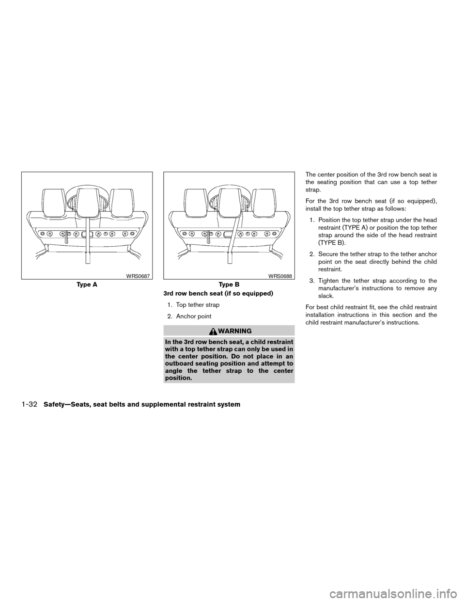 NISSAN QUEST 2007 V42 / 3.G Service Manual 3rd row bench seat (if so equipped)
1. Top tether strap
2. Anchor point
WARNING
In the 3rd row bench seat, a child restraint
with a top tether strap can only be used in
the center position. Do not pla NISSAN QUEST 2007 V42 / 3.G Service Manual 3rd row bench seat (if so equipped)
1. Top tether strap
2. Anchor point
WARNING
In the 3rd row bench seat, a child restraint
with a top tether strap can only be used in
the center position. Do not pla