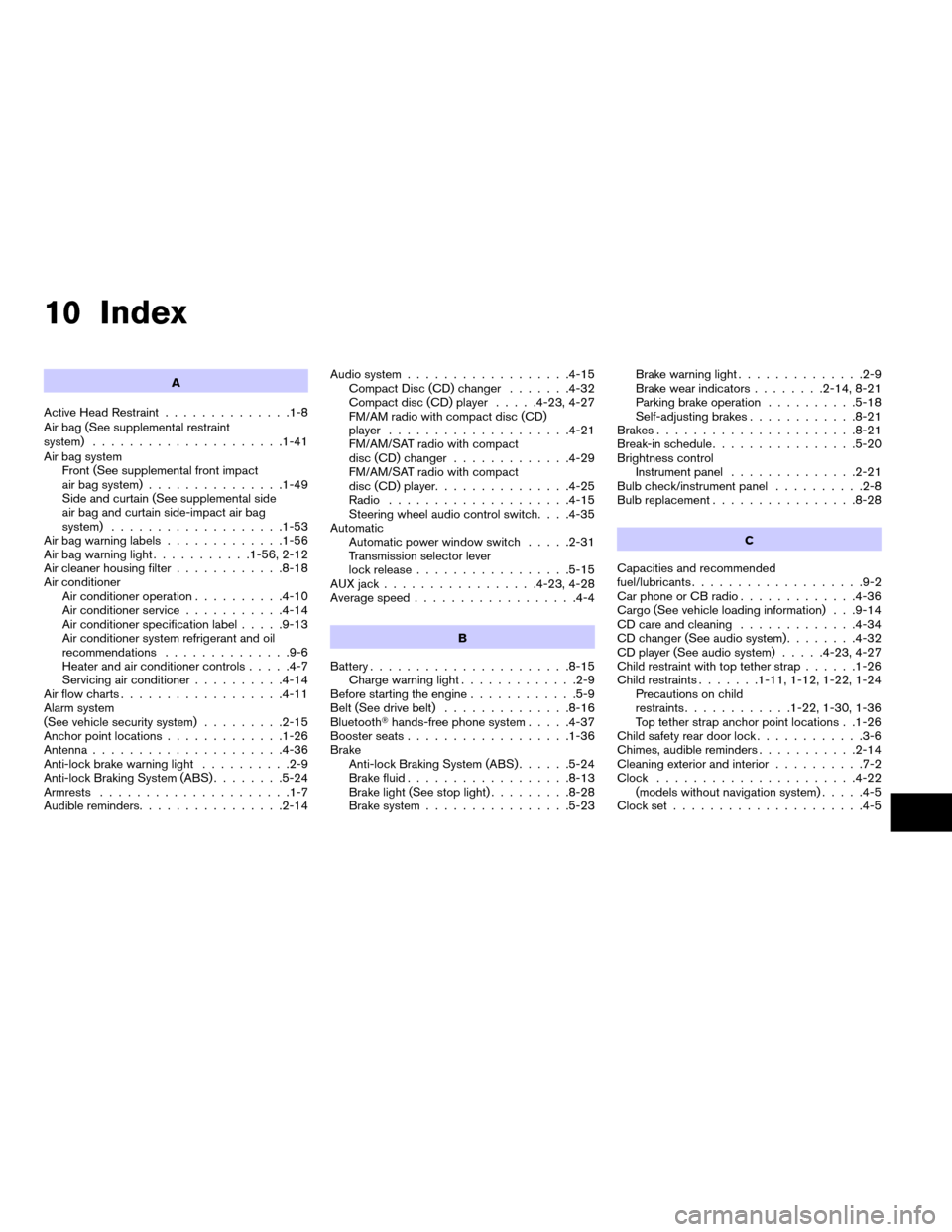 NISSAN SENTRA 2007 B16 / 6.G Service Manual 10 Index
A
Active Head Restraint..............1-8
Air bag (See supplemental restraint
system).....................1-41
Air bag system
Front (See supplemental front impact
air bag system)..............