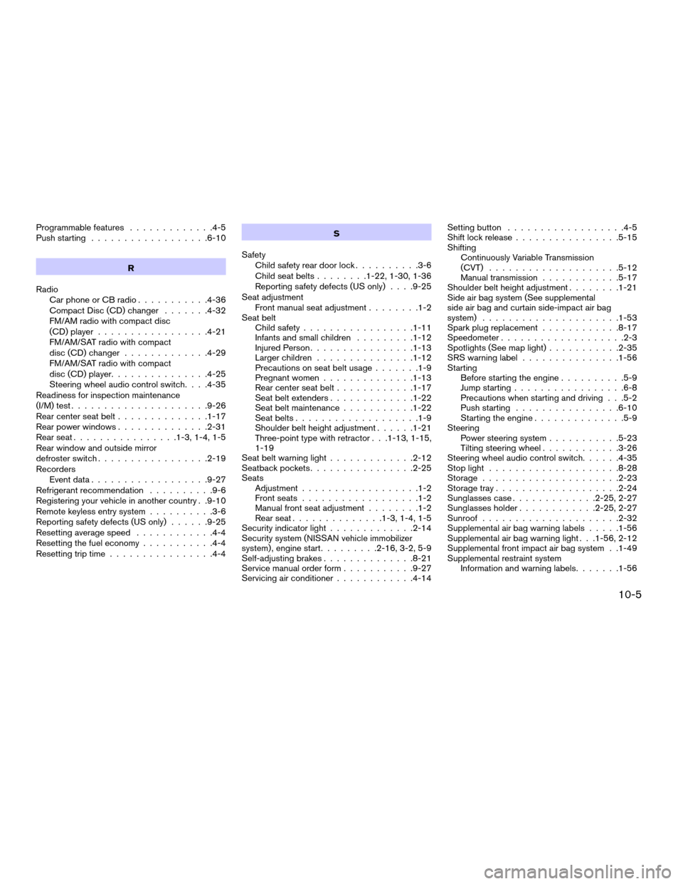NISSAN SENTRA 2007 B16 / 6.G Owners Guide Programmable features.............4-5
Push starting..................6-10
R
Radio
Car phone or CB radio...........4-36
Compact Disc (CD) changer.......4-32
FM/AM radio with compact disc
(CD) player...