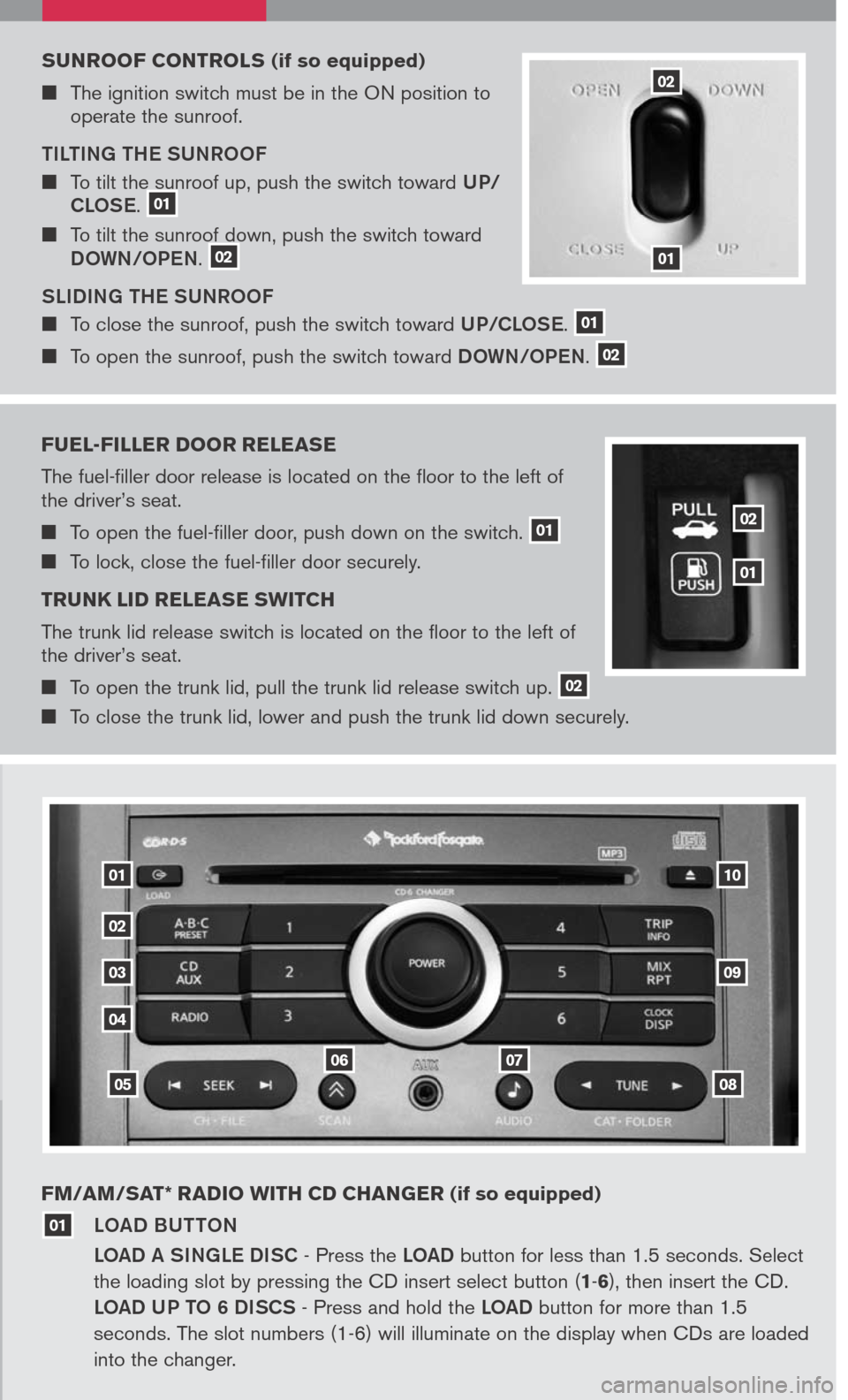 NISSAN SENTRA 2007 B16 / 6.G Quick Reference Guide 
sunrooF controls (if so equipped)
 The ignition switch must be in the ON position to operate the sunroof.
TILTING THE SUNROOF
  To tilt the sunroof up, push the switch toward UP/
CLOSE. 01  