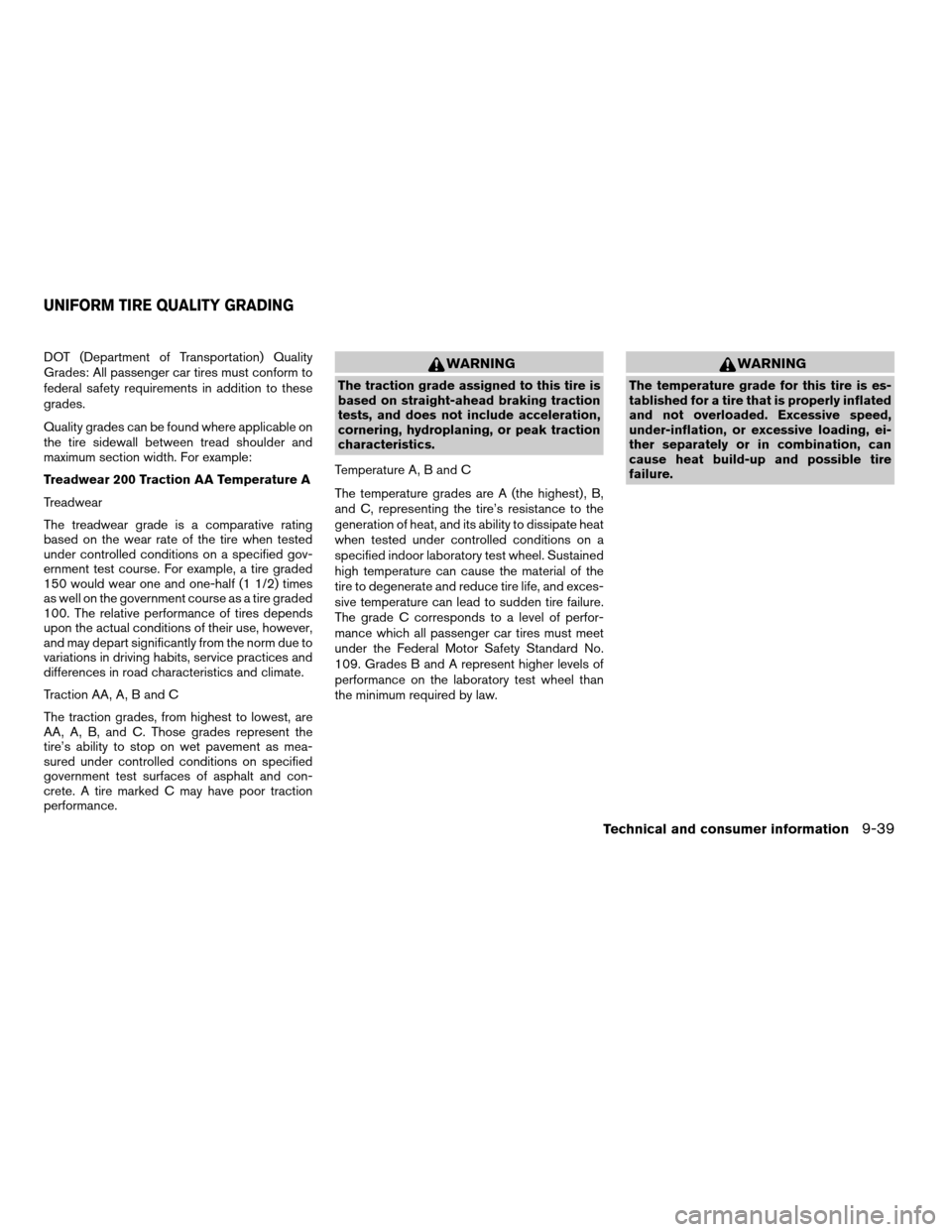 NISSAN TITAN 2007 1.G Owners Manual DOT (Department of Transportation) Quality
Grades: All passenger car tires must conform to
federal safety requirements in addition to these
grades.
Quality grades can be found where applicable on
the NISSAN TITAN 2007 1.G Owners Manual DOT (Department of Transportation) Quality
Grades: All passenger car tires must conform to
federal safety requirements in addition to these
grades.
Quality grades can be found where applicable on
the
