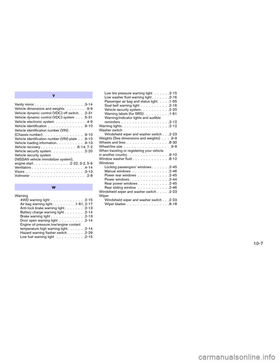 NISSAN TITAN 2007 1.G Owners Manual V
Vanity mirror...................3-14
Vehicle dimensions and weights........9-9
Vehicle dynamic control (VDC) off switch. . .2-31
Vehicle dynamic control (VDC) system. . . .5-31
Vehicle electronic sy