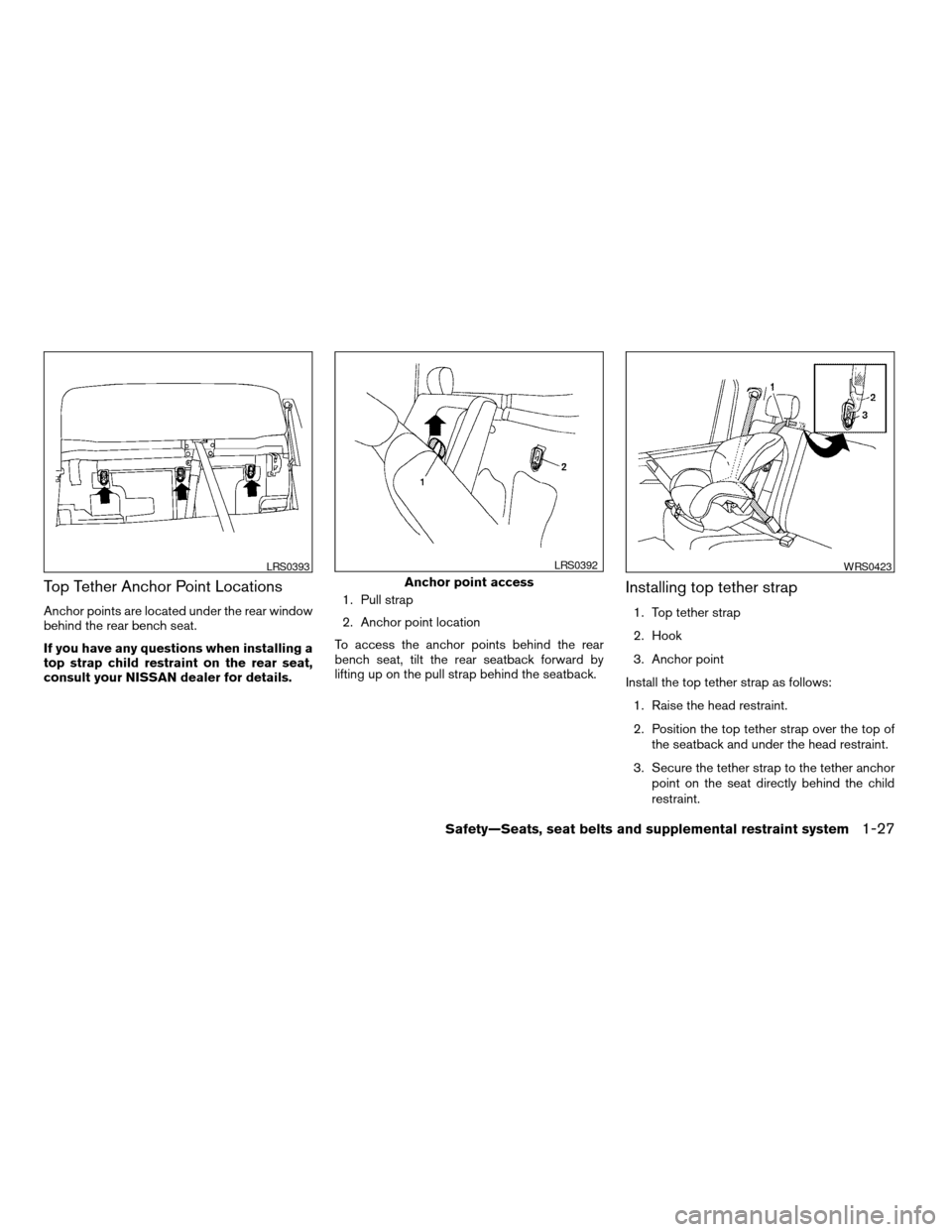 NISSAN TITAN 2007 1.G Service Manual Top Tether Anchor Point Locations
Anchor points are located under the rear window
behind the rear bench seat.
If you have any questions when installing a
top strap child restraint on the rear seat,
co NISSAN TITAN 2007 1.G Service Manual Top Tether Anchor Point Locations
Anchor points are located under the rear window
behind the rear bench seat.
If you have any questions when installing a
top strap child restraint on the rear seat,
co