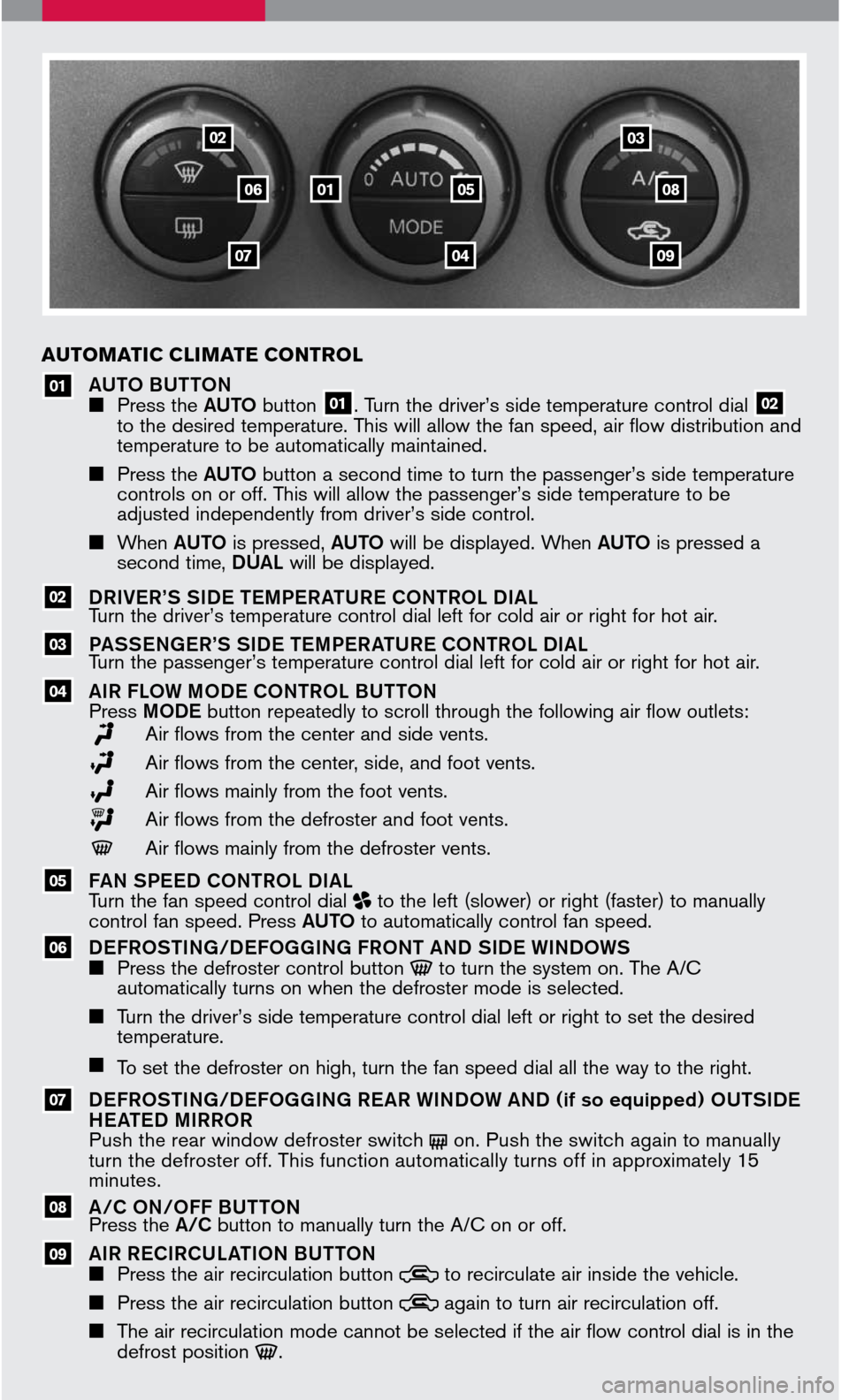 NISSAN TITAN 2007 1.G Quick Reference Guide 
 
AUTO BUTTON Press the AUTO button 01. Turn the driver’s side temperature control dial 02to the desired temperature. This will allow the fan speed, air flow distribution and temperature to be a