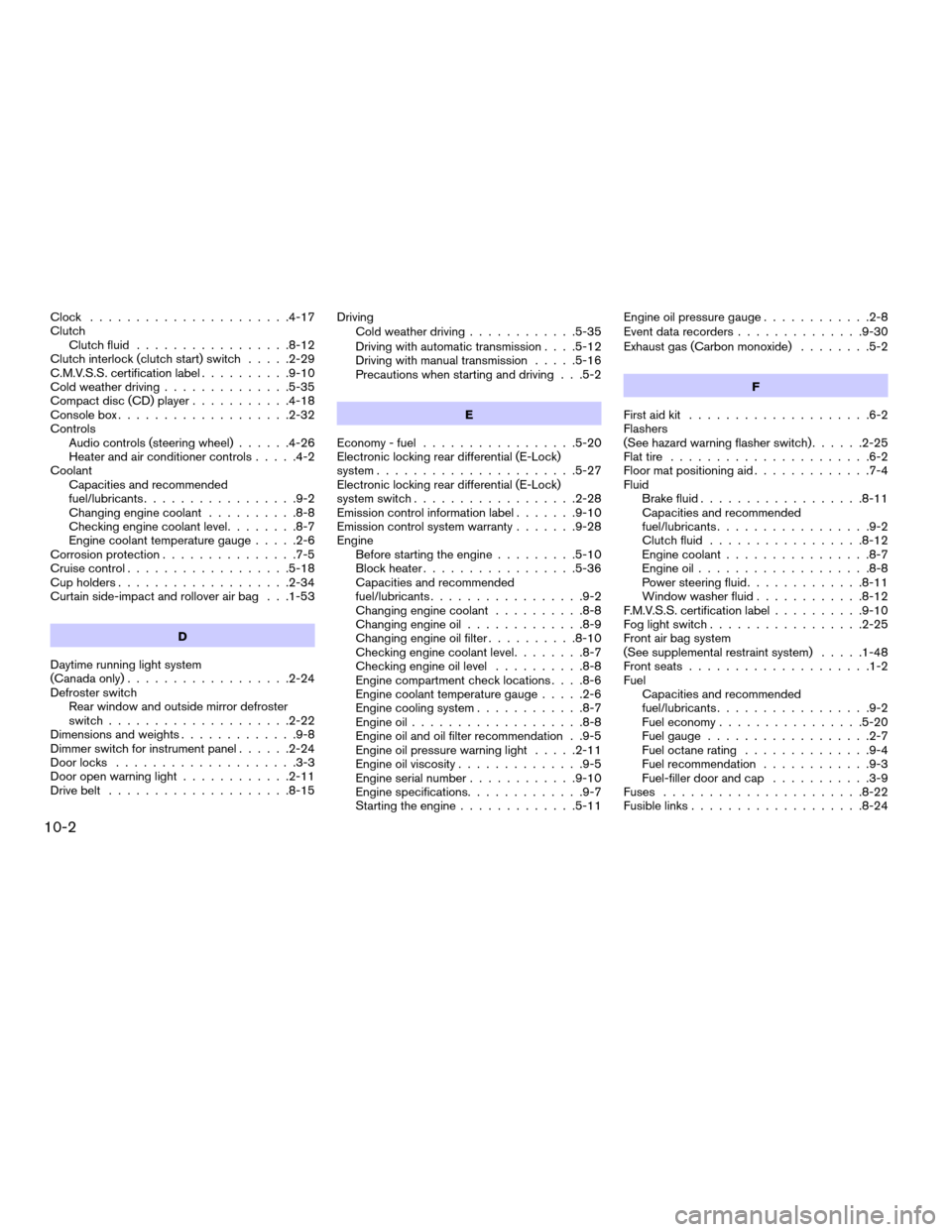 NISSAN XTERRA 2007 N50 / 2.G Service Manual Clock......................4-17
Clutch
Clutch fluid.................8-12
Clutch interlock (clutch start) switch.....2-29
C.M.V.S.S. certification label..........9-10
Cold weather driving..............