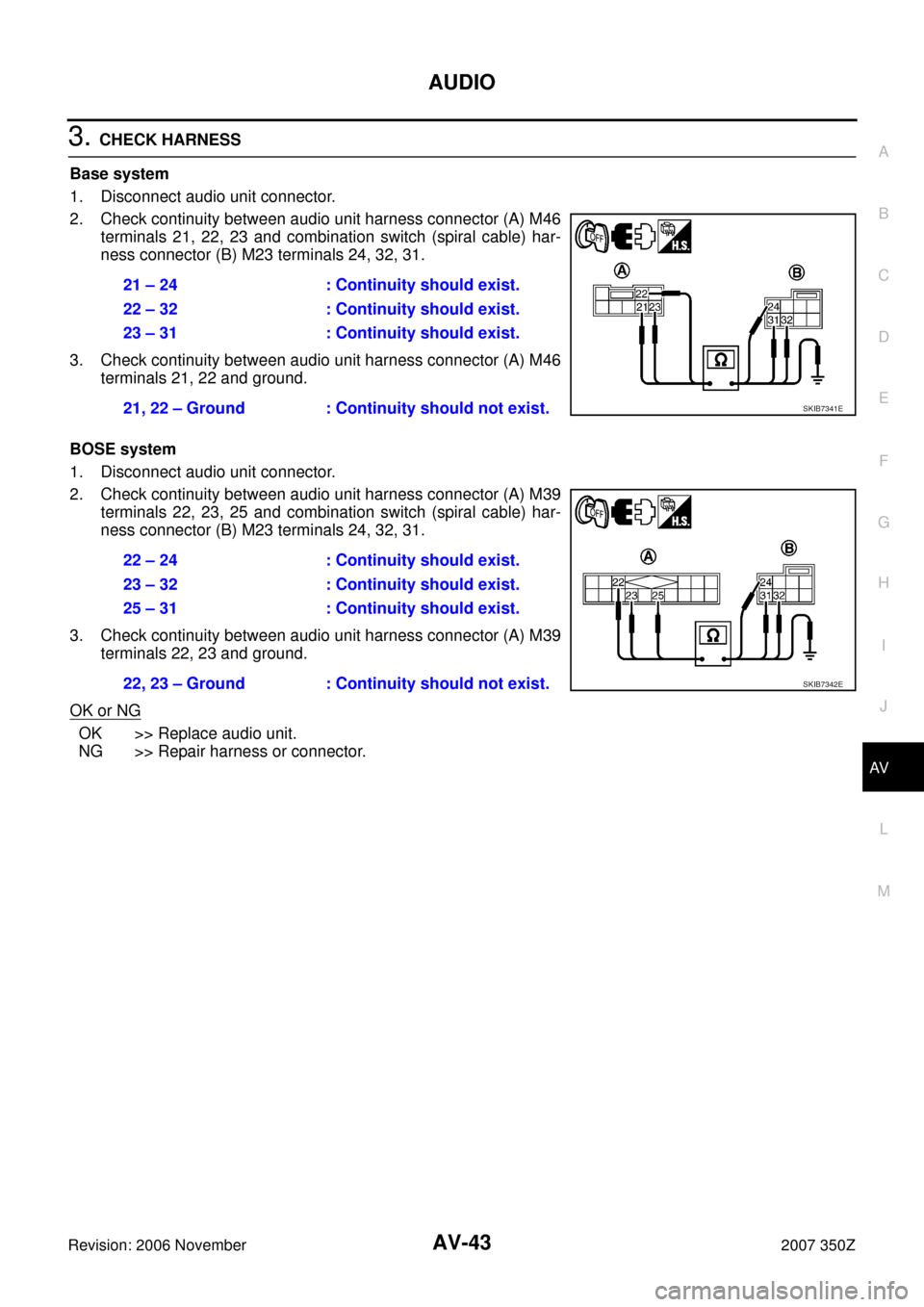 NISSAN 350Z 2007 Z33 Audio Visual, Navigation And Telephone System AUDIO
AV-43
C
D
E
F
G
H
I
J
L
MA
B
AV
Revision: 2006 November2007 350Z
3. CHECK HARNESS
Base system
1. Disconnect audio unit connector.
2. Check continuity between audio unit harness connector (A) M46