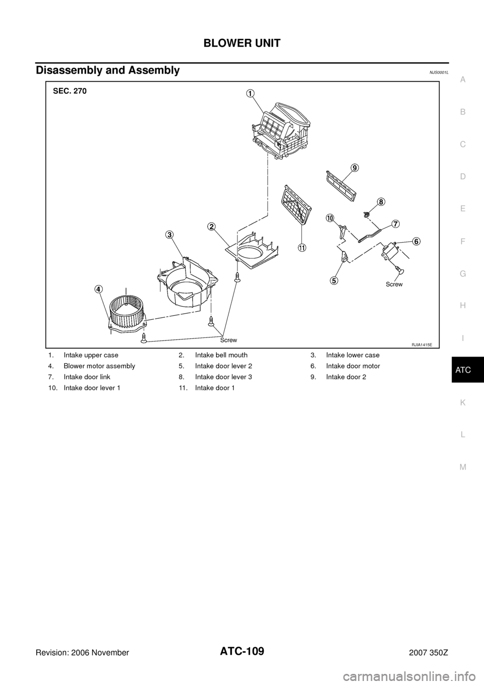 NISSAN 350Z 2007 Z33 Automatic Air Conditioner Workshop Manual BLOWER UNIT
ATC-109
C
D
E
F
G
H
I
K
L
MA
B
AT C
Revision: 2006 November2007 350Z
Disassembly and AssemblyNJS0001L
1. Intake upper case 2. Intake bell mouth 3. Intake lower case
4. Blower motor assembl