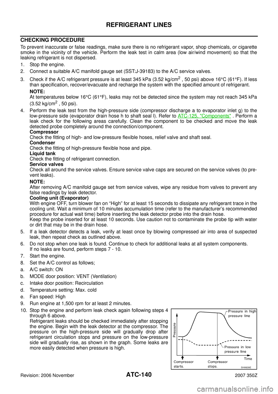 NISSAN 350Z 2007 Z33 Automatic Air Conditioner Owners Manual ATC-140
REFRIGERANT LINES
Revision: 2006 November2007 350Z
CHECKING PROCEDURE
To prevent inaccurate or false readings, make sure there is no refrigerant vapor, shop chemicals, or cigarette
smoke in th