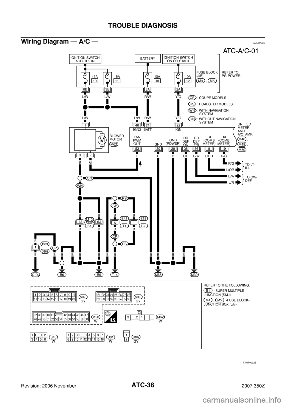 NISSAN 350Z 2007 Z33 Automatic Air Conditioner Owners Guide ATC-38
TROUBLE DIAGNOSIS
Revision: 2006 November2007 350Z
Wiring Diagram — A/C —NJS0000U
TJWT0092E 