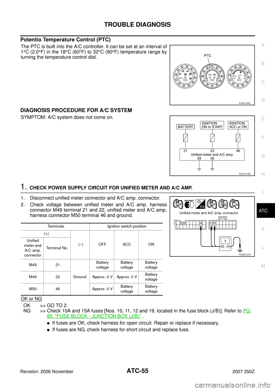 NISSAN 350Z 2007 Z33 Automatic Air Conditioner Repair Manual TROUBLE DIAGNOSIS
ATC-55
C
D
E
F
G
H
I
K
L
MA
B
AT C
Revision: 2006 November2007 350Z
Potentio Temperature Control (PTC)
The PTC is built into the A/C controller. It can be set at an interval of
1°C 