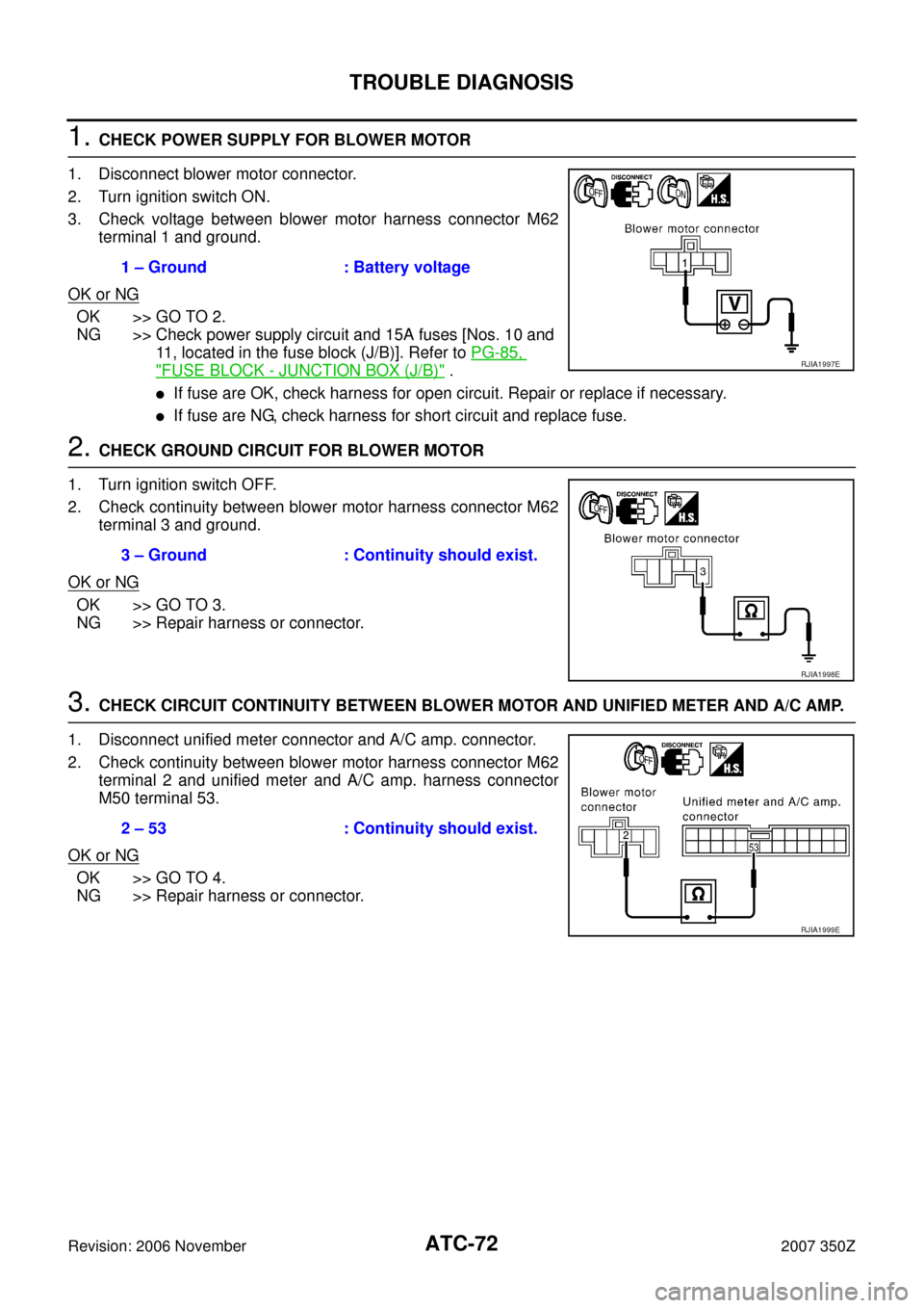 NISSAN 350Z 2007 Z33 Automatic Air Conditioner Manual PDF ATC-72
TROUBLE DIAGNOSIS
Revision: 2006 November2007 350Z
1. CHECK POWER SUPPLY FOR BLOWER MOTOR
1. Disconnect blower motor connector.
2. Turn ignition switch ON.
3. Check voltage between blower motor