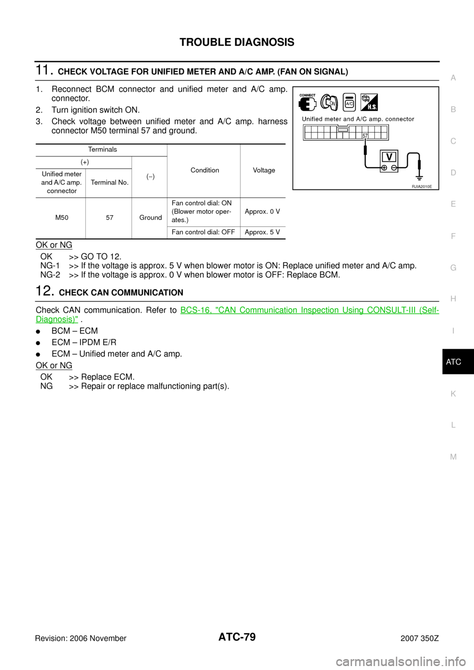 NISSAN 350Z 2007 Z33 Automatic Air Conditioner Manual PDF TROUBLE DIAGNOSIS
ATC-79
C
D
E
F
G
H
I
K
L
MA
B
AT C
Revision: 2006 November2007 350Z
11 . CHECK VOLTAGE FOR UNIFIED METER AND A/C AMP. (FAN ON SIGNAL)
1. Reconnect BCM connector and unified meter an NISSAN 350Z 2007 Z33 Automatic Air Conditioner Manual PDF TROUBLE DIAGNOSIS
ATC-79
C
D
E
F
G
H
I
K
L
MA
B
AT C
Revision: 2006 November2007 350Z
11 . CHECK VOLTAGE FOR UNIFIED METER AND A/C AMP. (FAN ON SIGNAL)
1. Reconnect BCM connector and unified meter an
