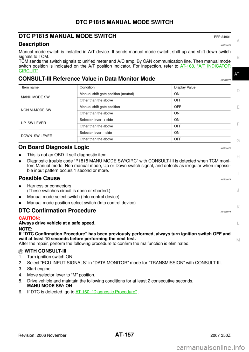 NISSAN 350Z 2007 Z33 Automatic Transmission Workshop Manual DTC P1815 MANUAL MODE SWITCH
AT-157
D
E
F
G
H
I
J
K
L
MA
B
AT
Revision: 2006 November2007 350Z
DTC P1815 MANUAL MODE SWITCHPFP:34901
DescriptionNCS00070
Manual mode switch is installed in A/T device. 
