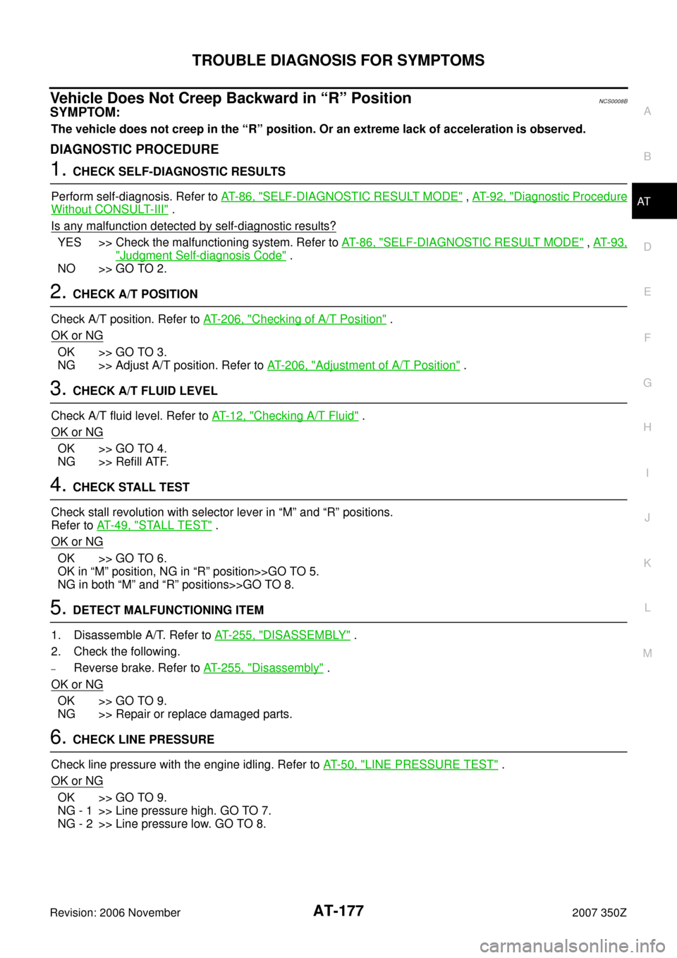 NISSAN 350Z 2007 Z33 Automatic Transmission Workshop Manual TROUBLE DIAGNOSIS FOR SYMPTOMS
AT-177
D
E
F
G
H
I
J
K
L
MA
B
AT
Revision: 2006 November2007 350Z
Vehicle Does Not Creep Backward in “R” PositionNCS0008B
SYMPTOM:
The vehicle does not creep in the 