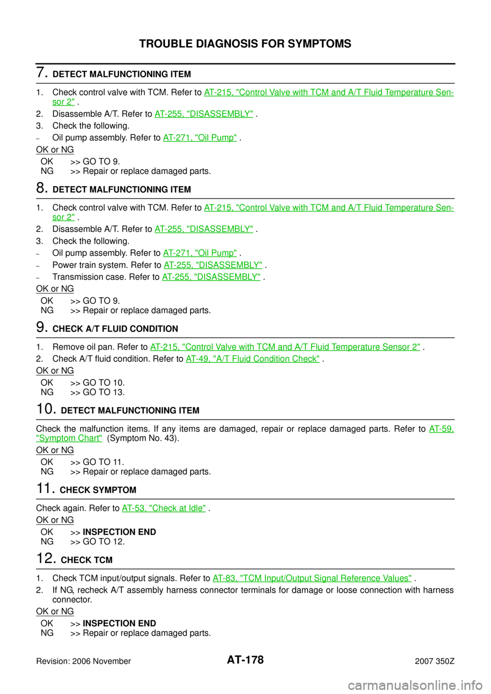 NISSAN 350Z 2007 Z33 Automatic Transmission Workshop Manual AT-178
TROUBLE DIAGNOSIS FOR SYMPTOMS
Revision: 2006 November2007 350Z
7. DETECT MALFUNCTIONING ITEM
1. Check control valve with TCM. Refer to AT- 2 1 5 ,  "
Control Valve with TCM and A/T Fluid Tempe