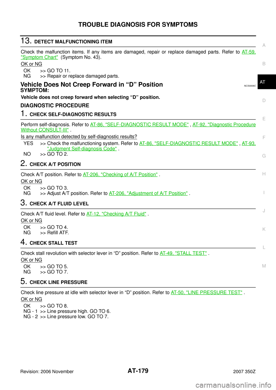 NISSAN 350Z 2007 Z33 Automatic Transmission Workshop Manual TROUBLE DIAGNOSIS FOR SYMPTOMS
AT-179
D
E
F
G
H
I
J
K
L
MA
B
AT
Revision: 2006 November2007 350Z
13. DETECT MALFUNCTIONING ITEM
Check the malfunction items. If any items are damaged, repair or replace