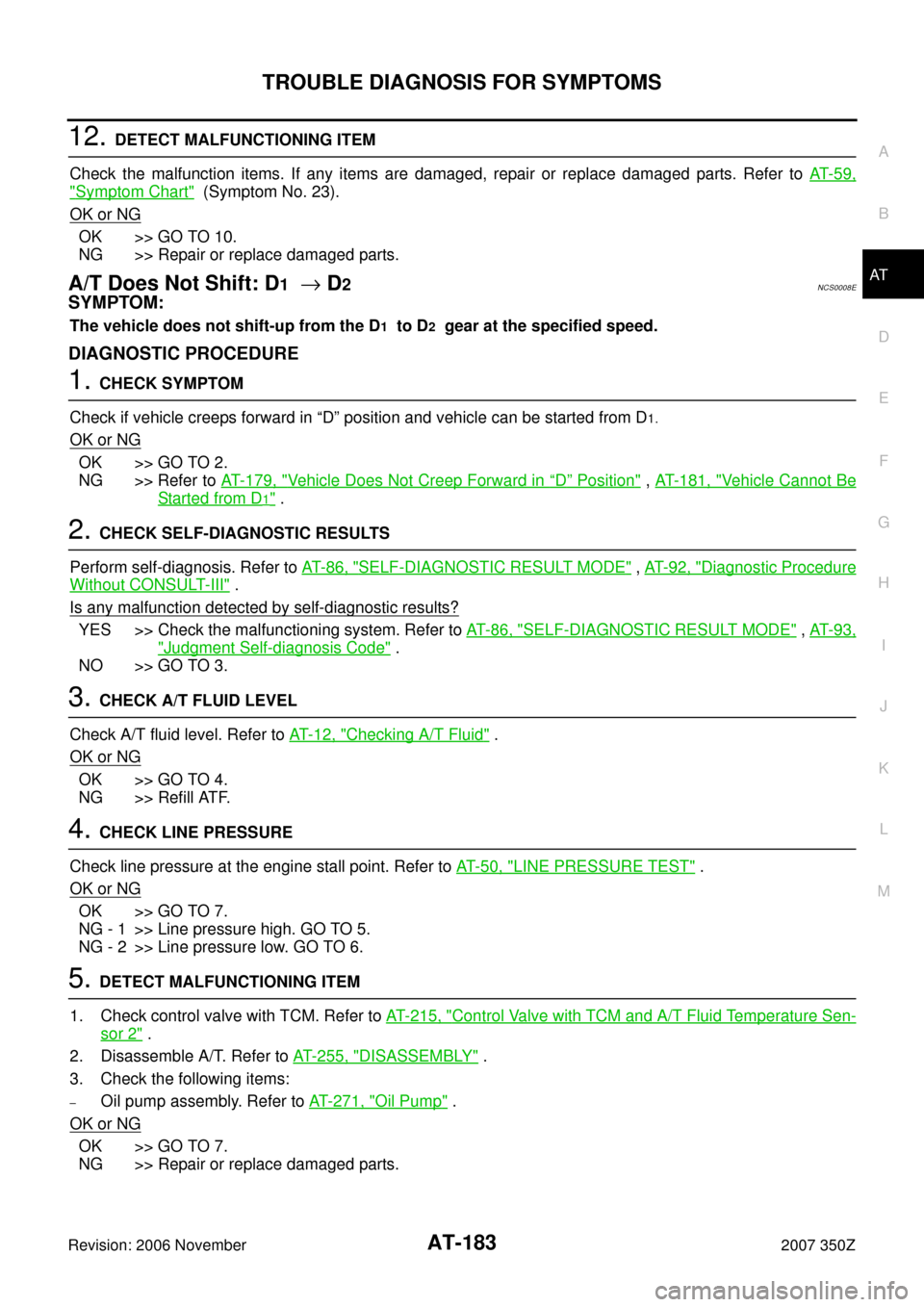 NISSAN 350Z 2007 Z33 Automatic Transmission Workshop Manual TROUBLE DIAGNOSIS FOR SYMPTOMS
AT-183
D
E
F
G
H
I
J
K
L
MA
B
AT
Revision: 2006 November2007 350Z
12. DETECT MALFUNCTIONING ITEM
Check the malfunction items. If any items are damaged, repair or replace